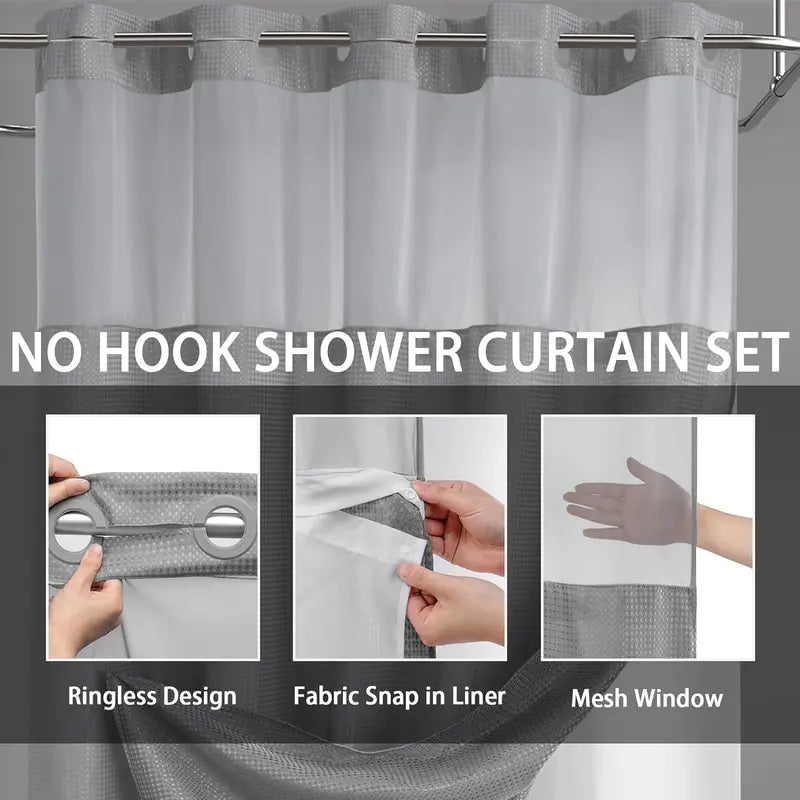 Upgrade Your Bathroom with a No-Hook Double Shower Curtain – Waterproof Fabric, Snap-In Liner, Easy Installation & Washable Design, 72" x 75"