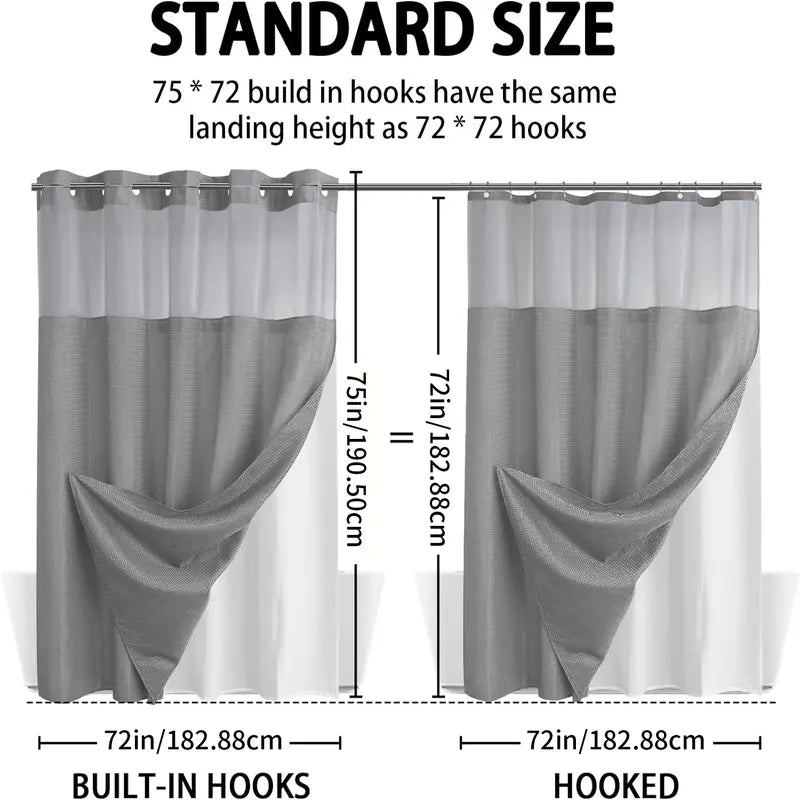 Upgrade Your Bathroom with a No-Hook Double Shower Curtain – Waterproof Fabric, Snap-In Liner, Easy Installation & Washable Design, 72" x 75"