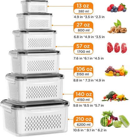 5 Pack Fridge Organizers and Storage - Stackable Fruit Storage Containers for Fridge with Removable Colander, BPA-Free Food Storage Container for Salad Berry Lettuce Vegetables Meat Keeper Fresh