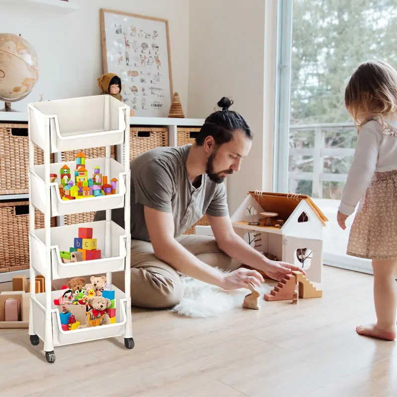 Multifunctional Large Capacity Plastic Storage Cart with Wheels - Layered Shelf Racks, Home Goods Organizer for Bedroom, Bathroom Items, Bathroom Gadget (Beige)