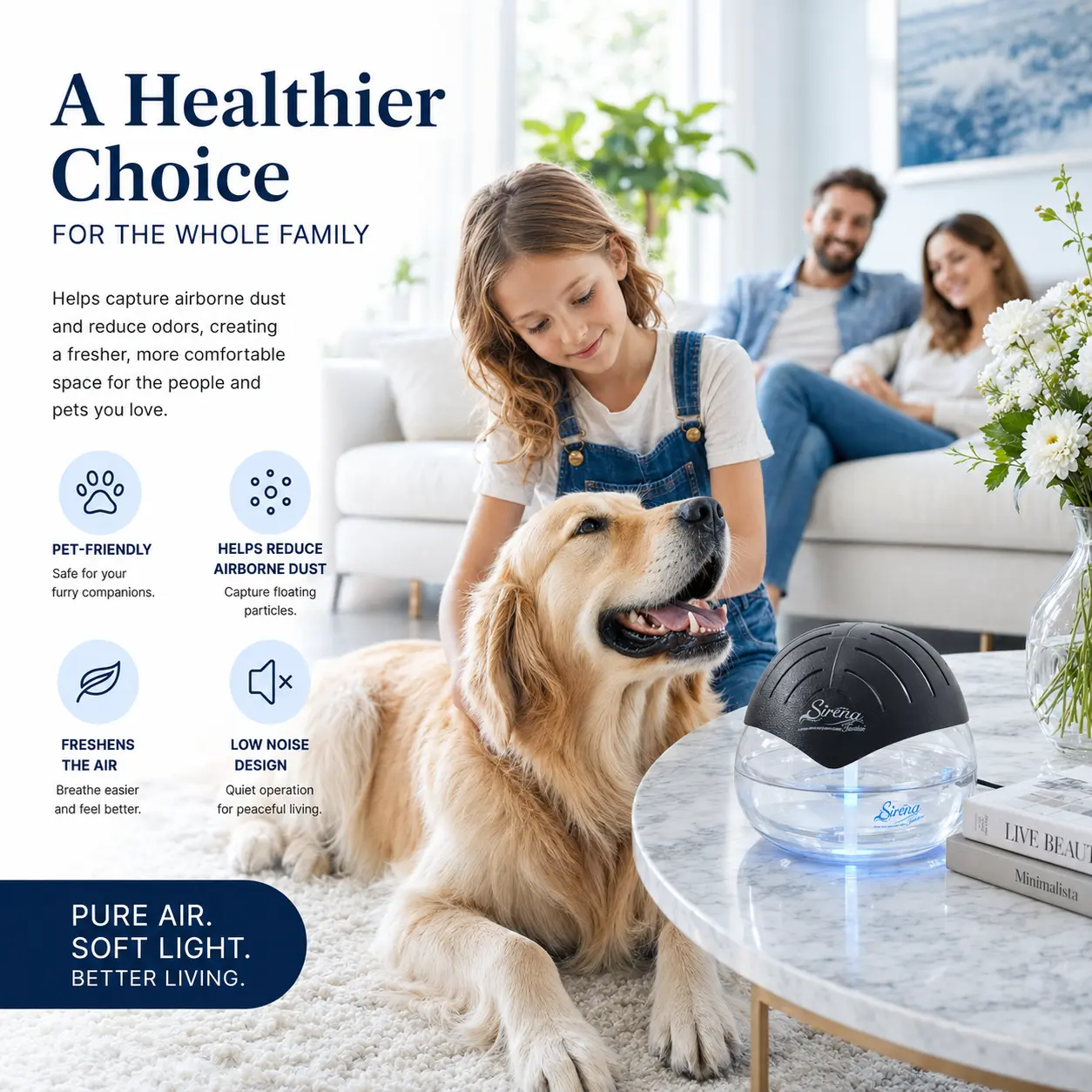Water-Based Air Purifier – Home Air Cleaner with Aromatherapy Diffuser, LED Night Light, Smoke & Pet Odor Eliminator for Bedroom and Living Room
