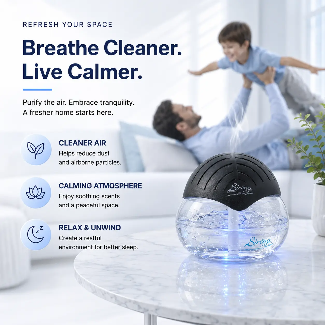Water-Based Air Purifier – Home Air Cleaner with Aromatherapy Diffuser, LED Night Light, Smoke & Pet Odor Eliminator for Bedroom and Living Room