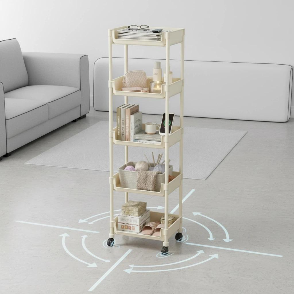 Multifunctional Large Capacity Plastic Storage Cart with Wheels - Layered Shelf Racks, Home Goods Organizer for Bedroom, Bathroom Items, Bathroom Gadget (Beige)