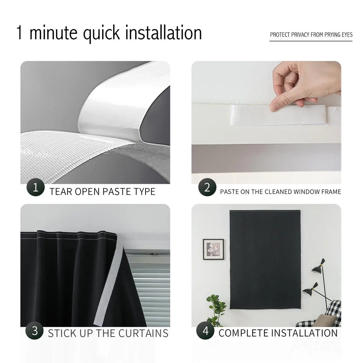 Blackout Window Curtain – No-Drill Magic Tape Installation, Light-Blocking Privacy Shade for Bedroom, Living Room & Kitchen